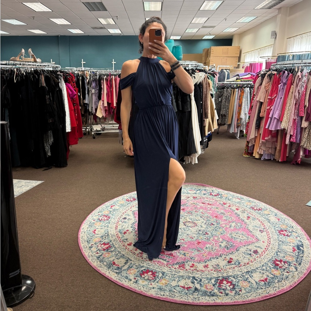 Pia Gladys Perey Elegant Off-Shoulder Jersey Navy Maxi Dress NWT